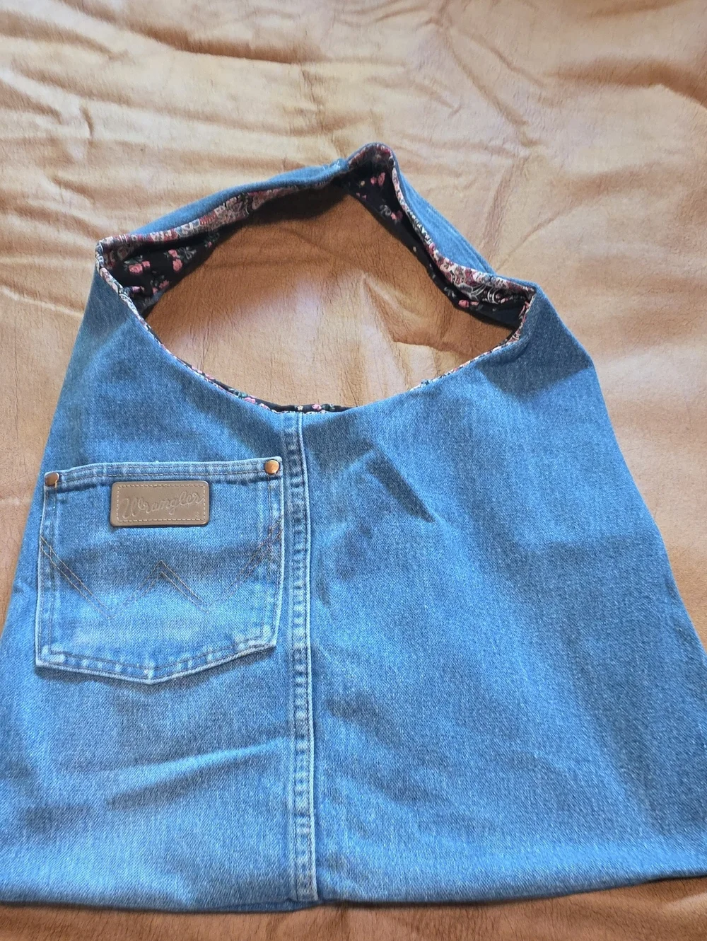 Wrangler Blue Denim Shoulder Tote with Floral Trim